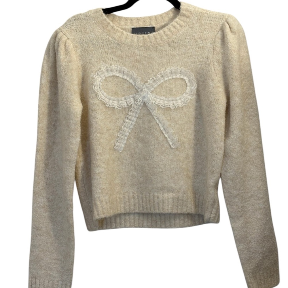 NWT Hudson Gray Cream Wool Blend Sweater White Lace Bow Medium